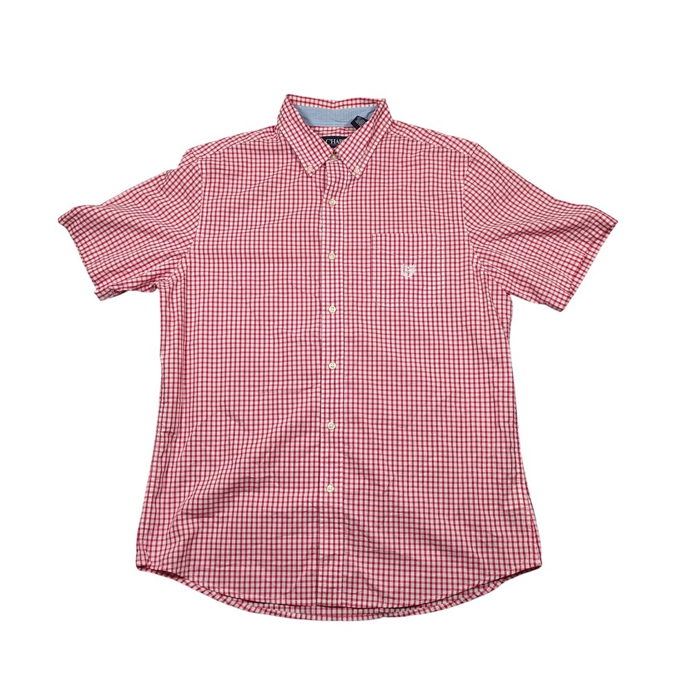 Chaps Button Down Shirt Mens‎ Large Red Gingham Plaid Short Sleeve Cotton Blend
